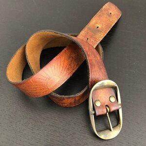 Handmade Vintage Western Leather Belt, Engraved Panoramic Landscape, 35.5 in
